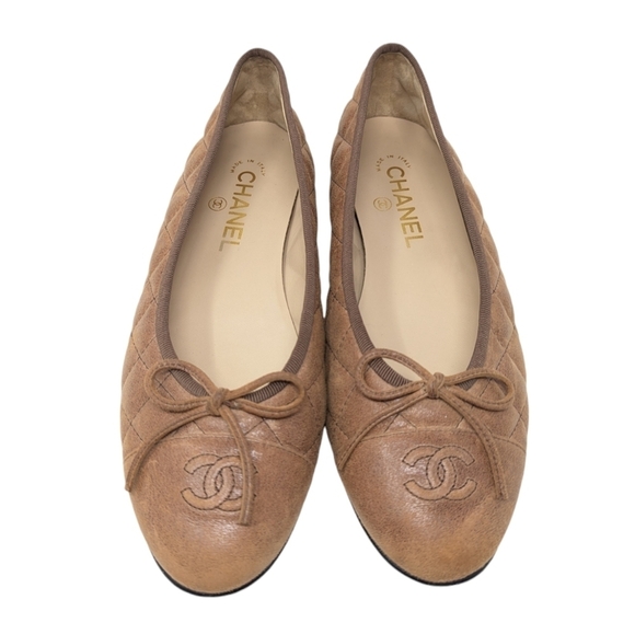 Chanel Interlocking CC Leather Tan Brown Quilted Bow Cap Toe Ballet Flat Size 39 - Picture 3 of 11